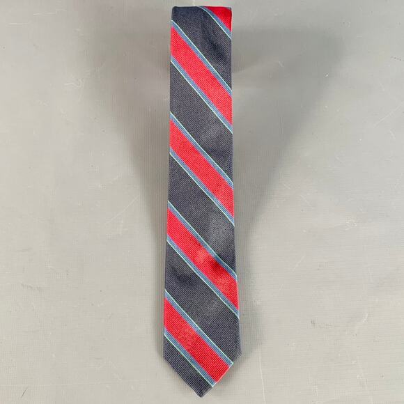 BAND OF OUTSIDERS Navy Red Green Diagonal Stripe Silk Skinny Tie - Picture 2 of 4